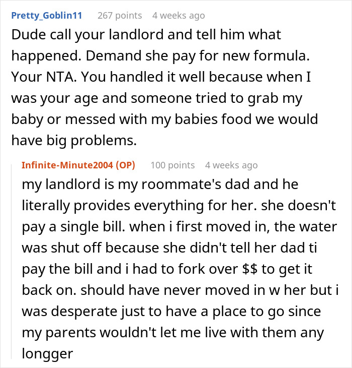 Online discussion about roommate throwing away baby formula, with users sharing advice. Online discussion about roommate throwing away baby formula, with users sharing advice.