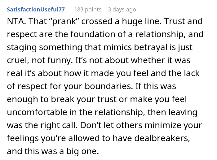 Text comment discussing relationship trust and boundaries after a prank went wrong. Text comment discussing relationship trust and boundaries after a prank went wrong.