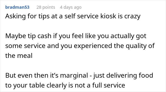 Comment about tipping at self-service kiosks, discussing service quality and tipping with cold food experience.