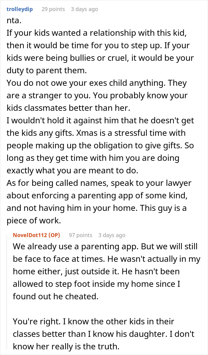 Reddit discussion on not getting an ex's affair child a Christmas gift, showing comments and user opinions. Reddit discussion on not getting an ex's affair child a Christmas gift, showing comments and user opinions.