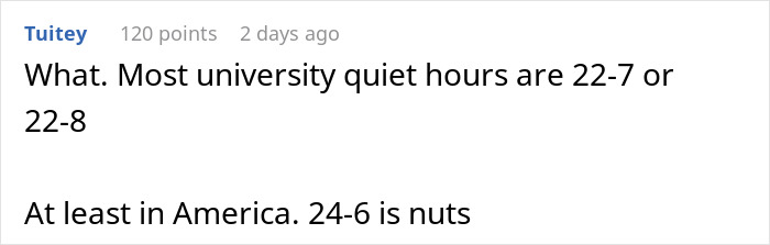 Text discussing university quiet hours and how 24-6 is unusual. Text discussing university quiet hours and how 24-6 is unusual.