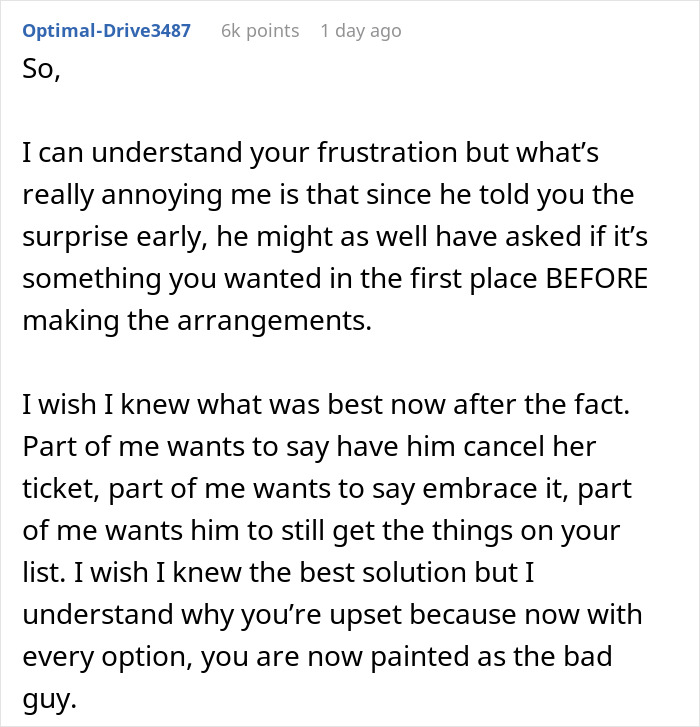Text discussing a man's surprise plan that was revealed early, causing frustration and upset feelings.