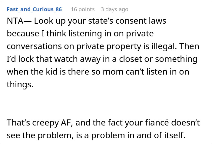 Comment discussing legal issues of unauthorized listening via a watch. Comment discussing legal issues of unauthorized listening via a watch.