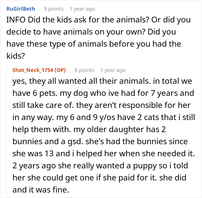 Reddit discussion about managing chores and pets despite daughter's disease.