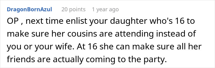 Comment advising to enlist a daughter's help for RSVP at a costly party.