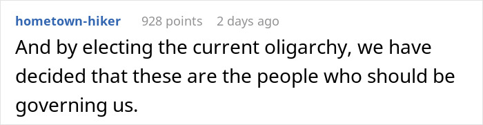 Reddit comment discussing oligarchy in governance, highlighted with user details and engagement points. Reddit comment discussing oligarchy in governance, highlighted with user details and engagement points.