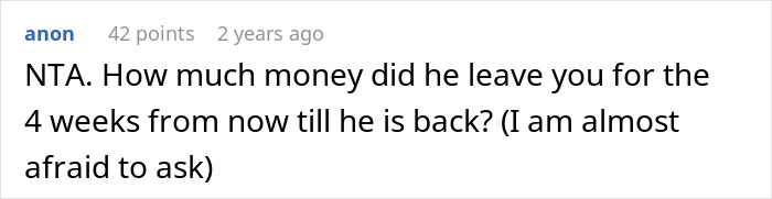 Reddit comment discussing a wife's struggle with a $100 Christmas plan while the husband vacations overseas.