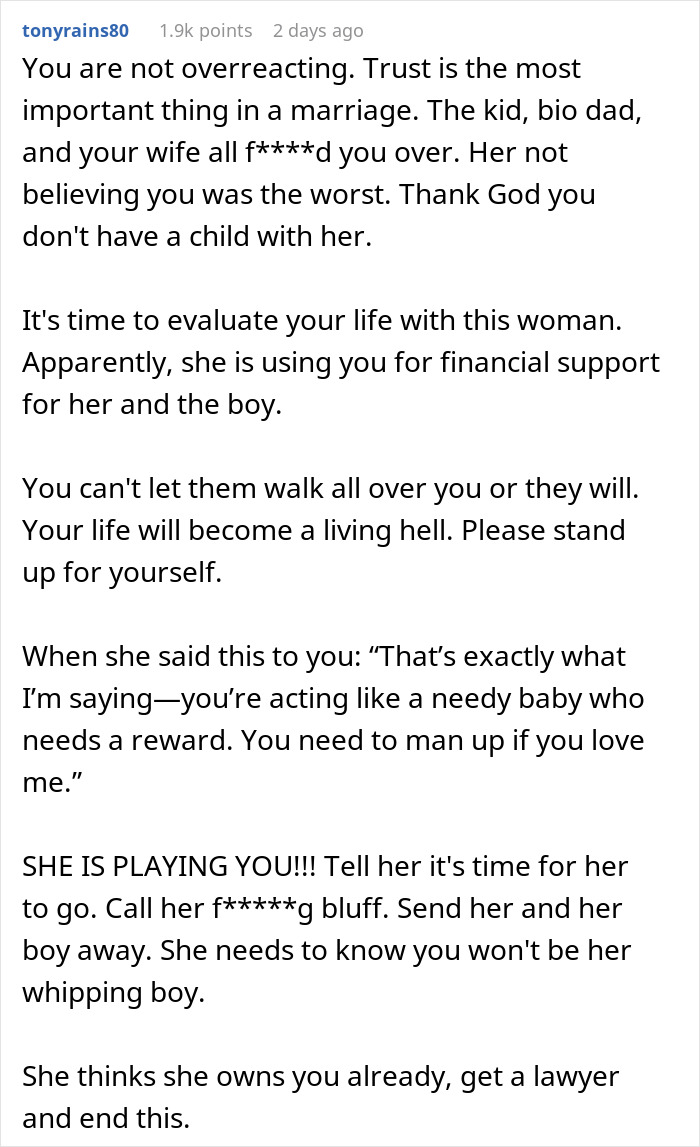 Reddit comment discussing trust issues in marriage, wife not believing husband about her ex being dishonest.