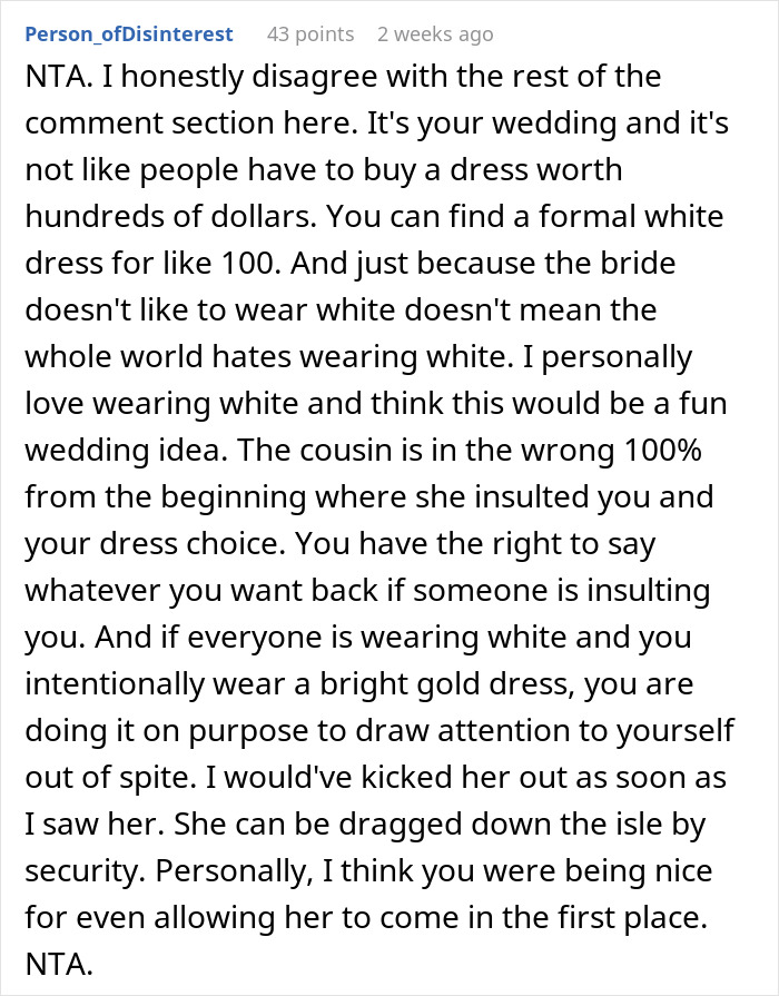 Text comment discussing a wedding situation where the cousin wore a bright gold dress against the bride's wishes.
