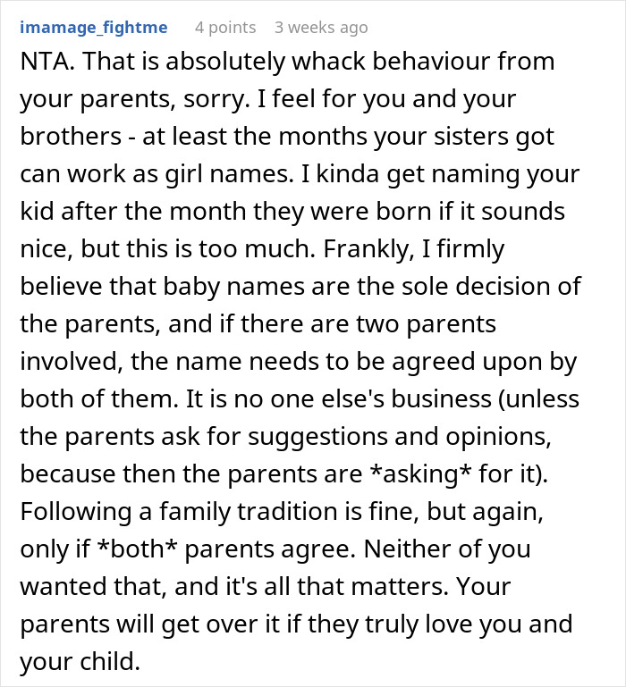 Comment discussing breaking family tradition in baby naming decisions. Comment discussing breaking family tradition in baby naming decisions.