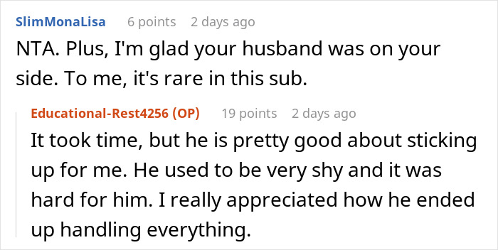 Reddit comments discussing a husband supporting his wife in a disagreement about chemical burns. Reddit comments discussing a husband supporting his wife in a disagreement about chemical burns.