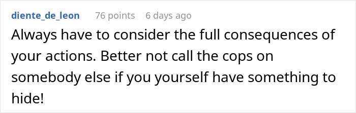 Reddit comment discussing consequences, related to a noise complaint and a neighbor's arrest.