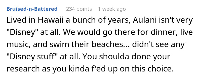 Text post criticizing Aulani in Hawaii for lacking Disney elements, suggesting better research needed.