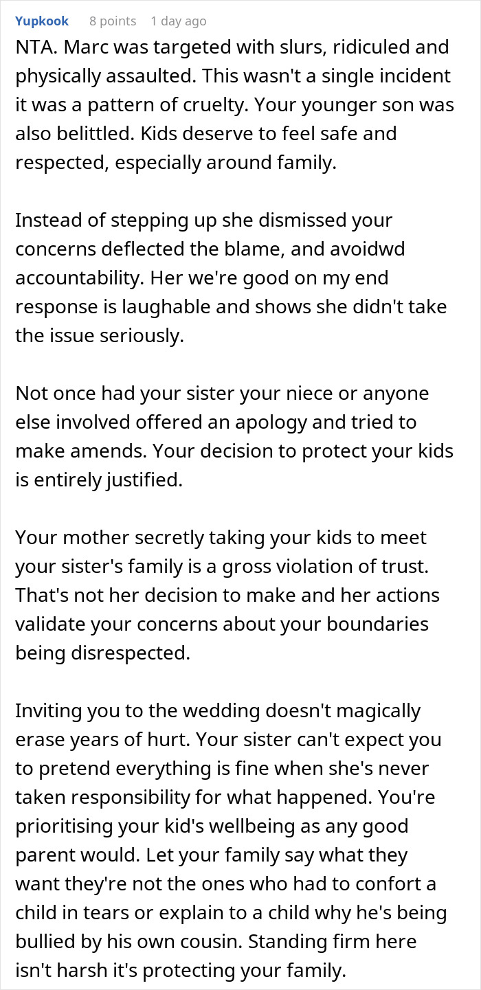 Reddit post discussing family conflict and a wedding invitation, emphasizing protecting kids from toxic relatives.