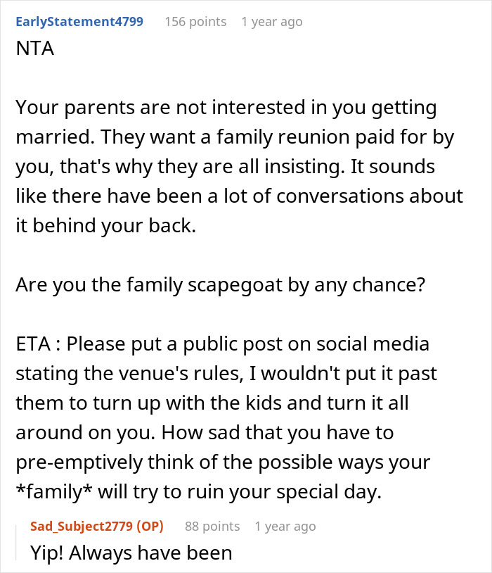 Reddit comment discussing family dynamics impacting a couple&rsquo;s wedding plans, with a reply agreeing.