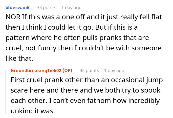 Discussion on a prank at home; comments expressing how it was unkind and not funny.