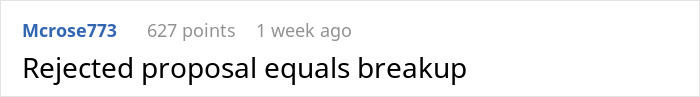 Screenshot of a comment saying "Rejected proposal equals breakup," related to proposal regrets.
