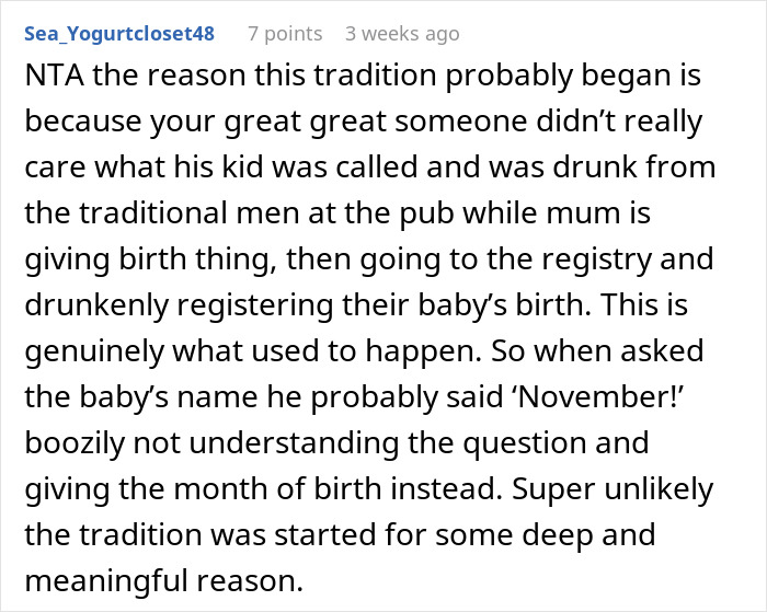 Text commentary on breaking family tradition for naming a baby. Text commentary on breaking family tradition for naming a baby.