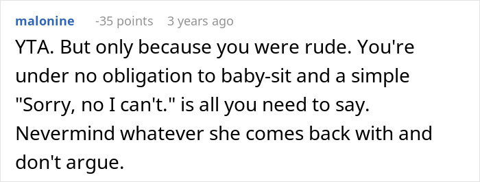 Text discussion about family babysitting obligations and assertive communication.
