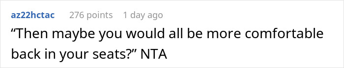 Text comment about a plane chair dispute involving giving space, with a quote about being comfortable in seats.