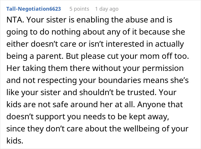 Reddit comment discussing family conflict and boundaries regarding a sister's actions.