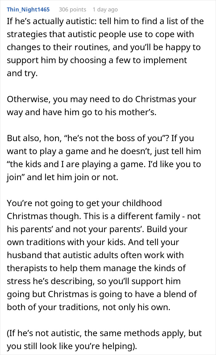 Text discussing how a man disrupts Christmas for his wife, advice for handling holiday stress.