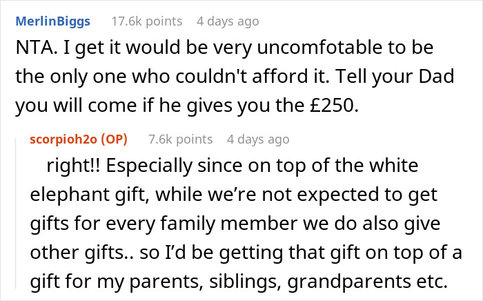 Discussion about the high cost of a white elephant gift for a family Christmas party. Discussion about the high cost of a white elephant gift for a family Christmas party.