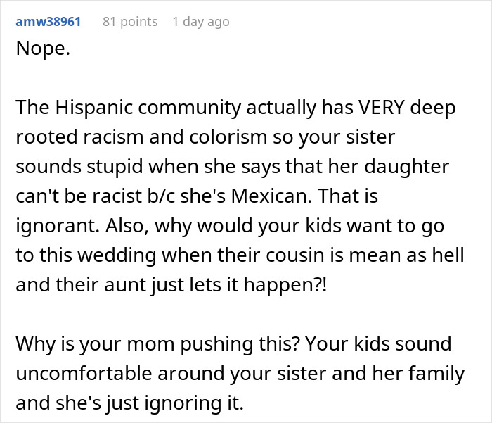 Text discussing family issues and wedding invitation, addressing racism and colorism in the Hispanic community.