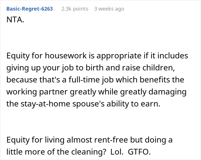 Reddit comment discussing partner housework exchange, emphasizing equity for stay-at-home contribution and cleaning responsibilities.
