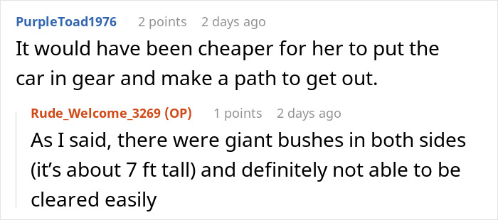 Reddit comments discussing someone's parking choice and challenges with large bushes.