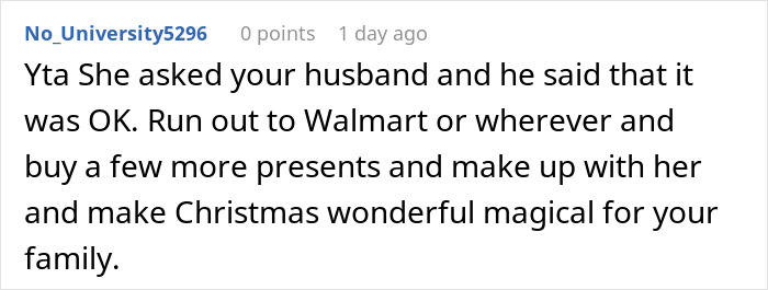 Comment advises buying more gifts for a family Christmas, mentioning husband and Walmart.