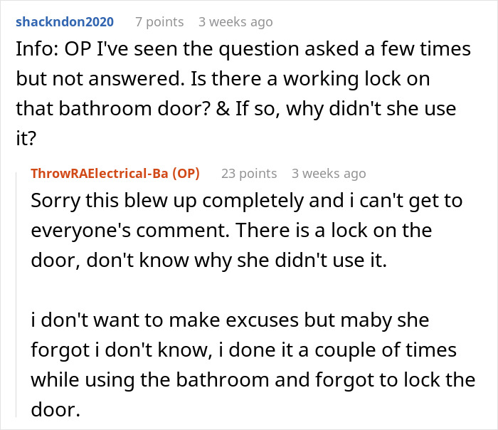 Reddit comments discussing a teen lying about her stepdad being a creep and a bathroom lock. Reddit comments discussing a teen lying about her stepdad being a creep and a bathroom lock.