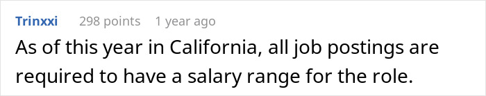 Text from a Reddit post about California requiring salary ranges in job postings.