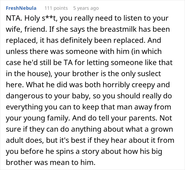 Screenshot of a Reddit comment discussing breast milk replacement and family issues. Screenshot of a Reddit comment discussing breast milk replacement and family issues.