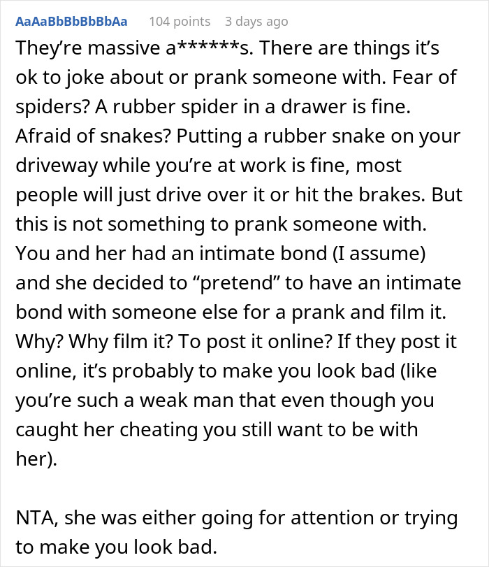 Text from a Reddit post about the consequences of a prank on a two-year relationship. Text from a Reddit post about the consequences of a prank on a two-year relationship.