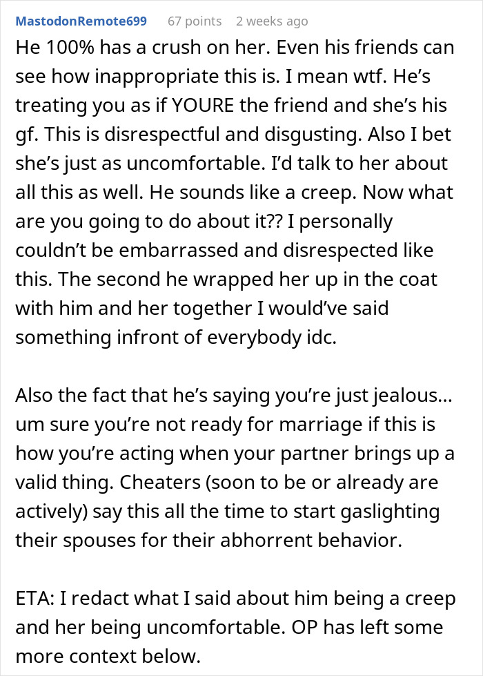 Screenshot of a Reddit comment discussing a woman's concerns about her fianc&eacute;'s touchy behavior with a female friend.