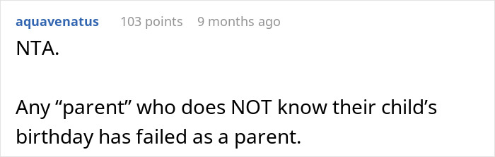 Reddit comment criticizing a parent for not knowing their child's birthday.