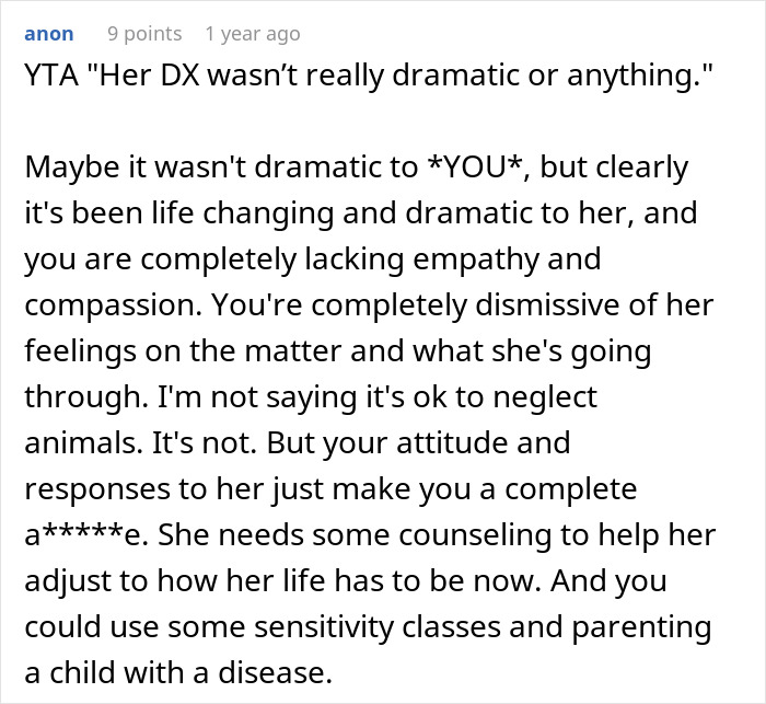 Text exchange about daughter's disease and chores sparks online division.