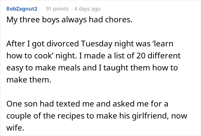 Parent discusses teaching sons chores and cooking skills in online post.