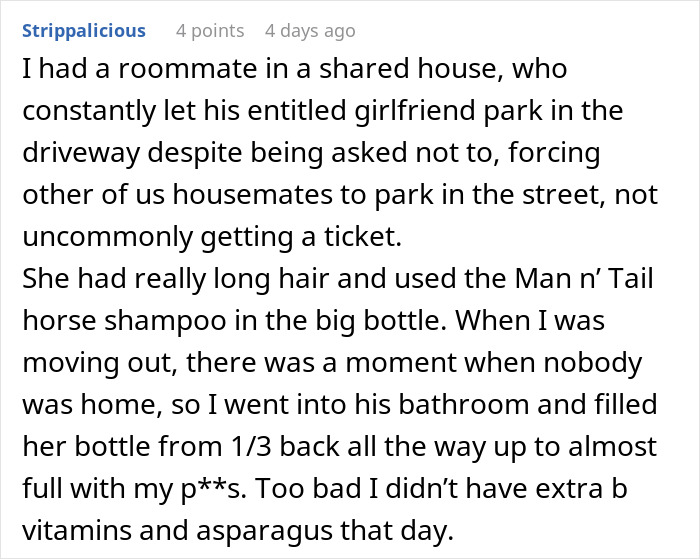 Text about a roommate conflict involving revenge with personal items, highlighting a makeup issue.