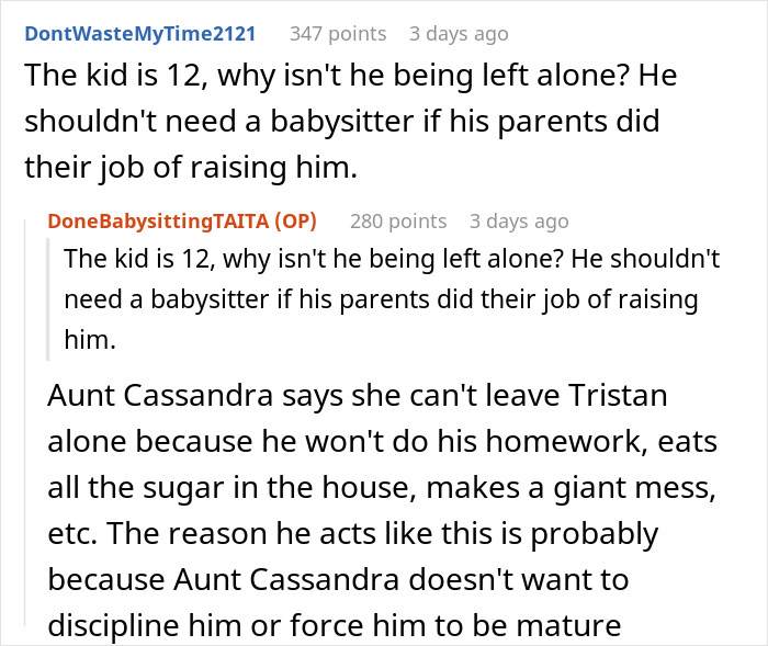 Reddit comments discussing a teen refusing to babysit a difficult cousin.