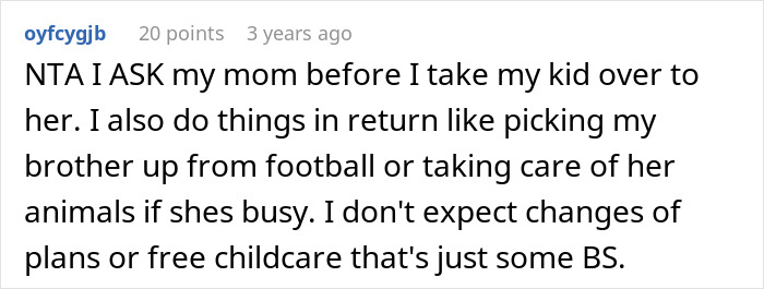 Text post about family not expecting free childcare, emphasizing responsibilities and mutual support.