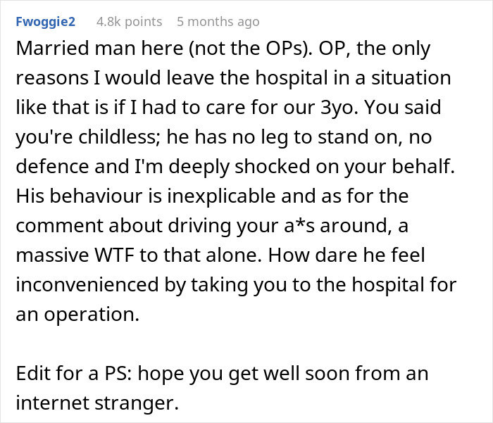 Reddit comment criticizing a husband's behavior for leaving his wife during surgery.
