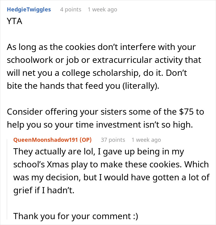 Text conversation discussing daughter charging parents for making Christmas cookies, with mixed opinions. Text conversation discussing daughter charging parents for making Christmas cookies, with mixed opinions.