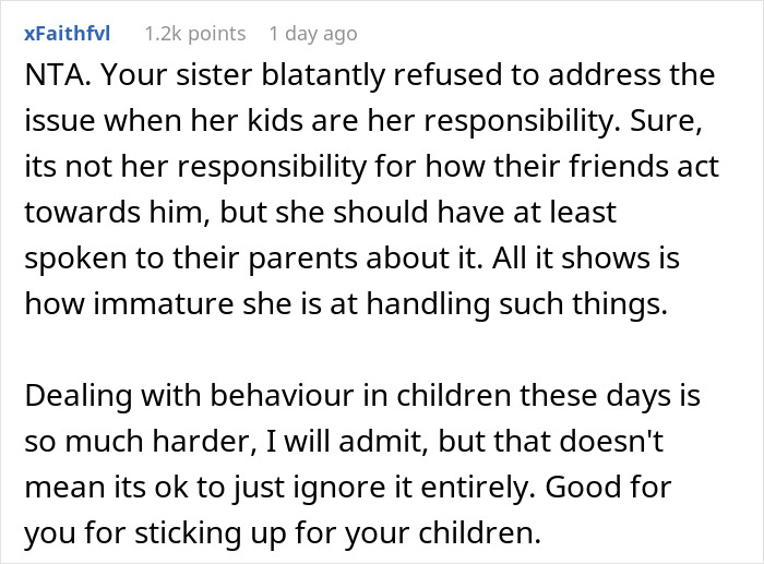 Comment discussing family and addressing children's behavior, mentioning a sister's responsibility and immaturity.