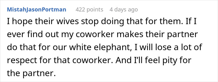 Reddit comment about coworkers avoiding responsibility in Secret Santa planning.