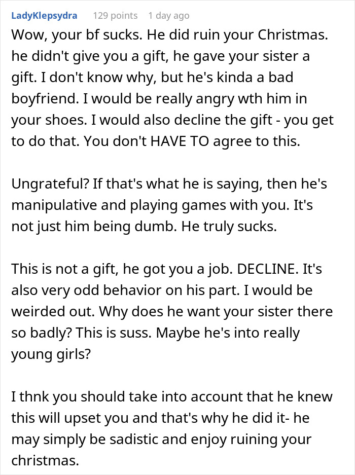 Text exchange discussing a man&rsquo;s surprise gift gone wrong, leaving girlfriend upset.