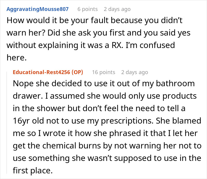 Reddit discussion about teen using sister-in-law's products, resulting in chemical burns. Reddit discussion about teen using sister-in-law's products, resulting in chemical burns.