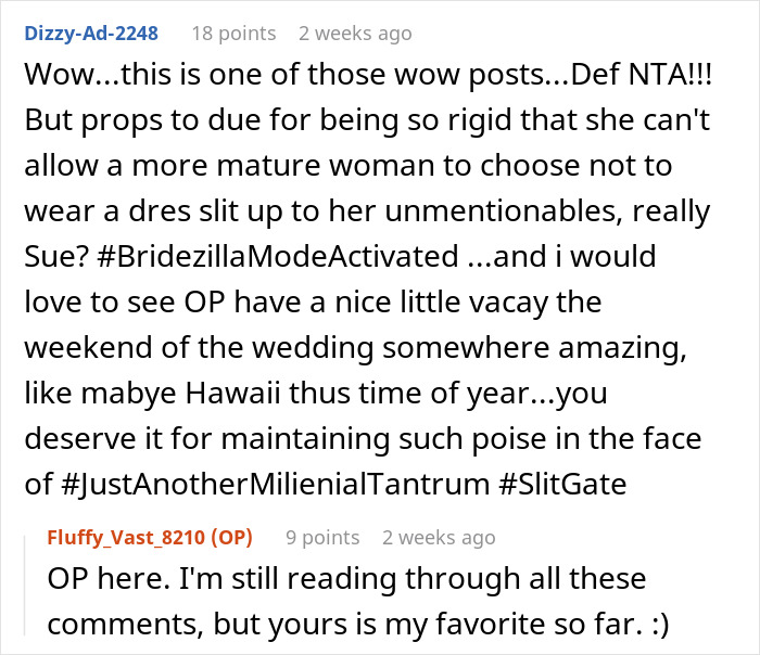 Reddit comments discussing a bridesmaid banned for altering a skimpy dress, with hashtags like #BridezillaModeActivated.