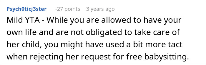 Comment on free babysitting request, mentioning tact in rejecting family help.